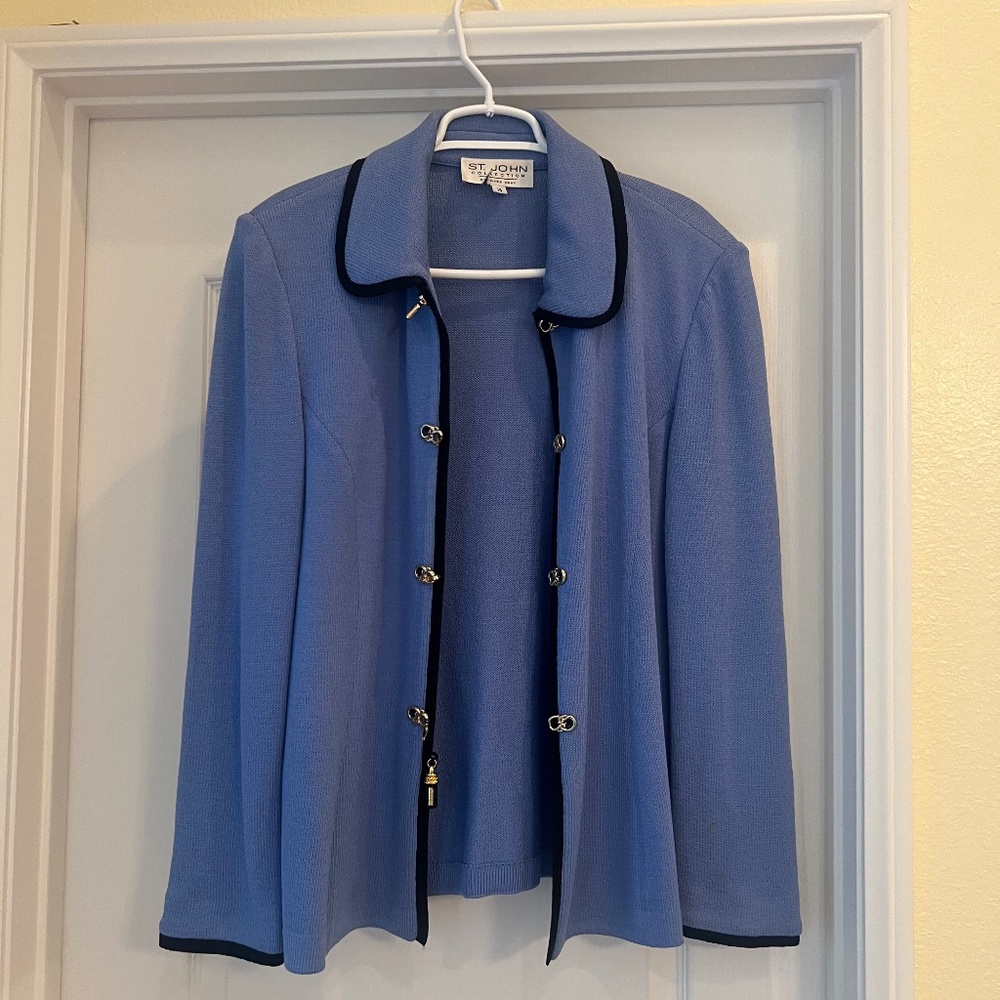 St John Blue Knit Jacket with Black Trim
